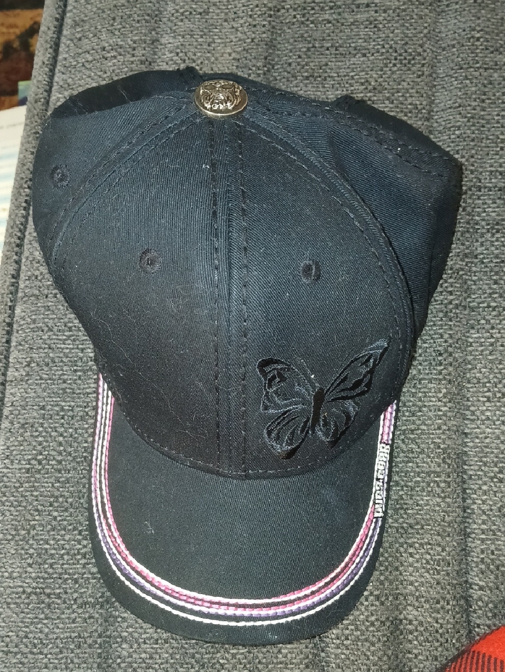 Black Butterfly Baseball Cap with Pink Trim